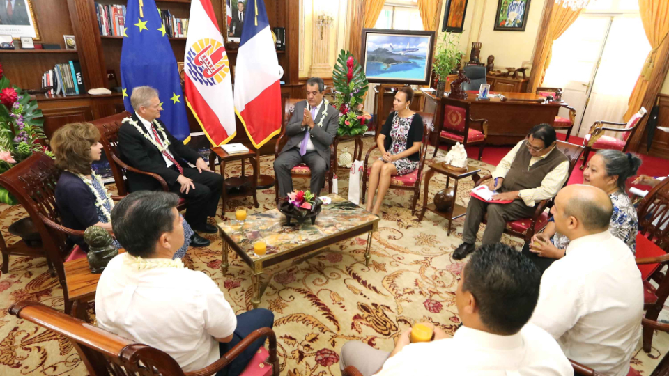 Elder-K-Brett-Nattress-and-his-wife-Sister-Shawna-Nattress-met-with-President-Edouard-Fritch-and-his-wife-Evangeline-Lehartel-during-their-visit-to-French-Polynesia.-Others-attending-were-Elder-Frederic-Riemer,-Area-Seventy,-Manea-Tuahu,-Church-Welfare-and-Self-reliance-director,-and-Noelline-Parker,-Church-Communications-director.