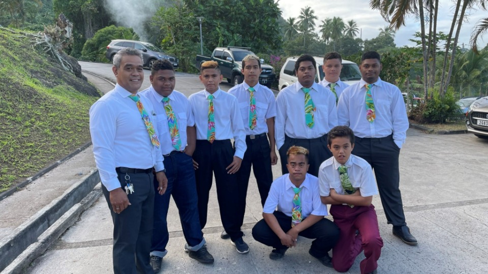 Bishop Tania E. Tehaamoana and young men from the Vaitape Ward on the island of Bora Bora, French Polynesia.