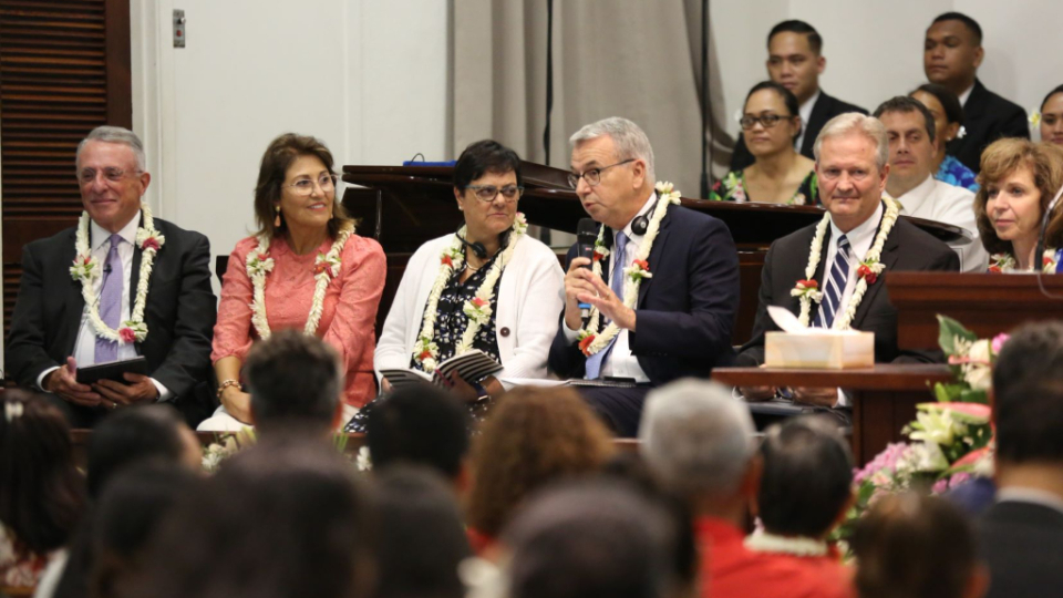 Member-of-the-Quorum-of-the-Twelve-Apostles,-Elder-Ulisses-Soares-and-Sister-Rosana-Soares;-Elder-Carlos-A.-Godoy,-General-Authority-Seventy,-and-Sister-Monica-Soares-Brandao;-and-Pacific-Area-President-Elder-K.-Brett-Nattress-and-Sister-Shawna-Nattress-during-a-panel-discussion-at-a-young-adult-devotional-in-Papeete,-Tahiti.-August-2022