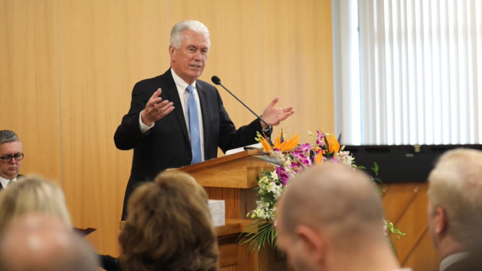 Elder Uchtdorf meets with leaders, staff and missionaries at the Pacific Area Administration Office of The Church of Jesus Christ of Latter-day Saints. October 2022.