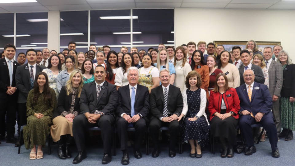 Elder Dieter F. Uchtdorf, Elder K. Brett Nattress and Sister Shawna Nattress with leaders and missionaries from the Australia Sydney Mission of The Church of Jesus Christ of Latter-day Saints.