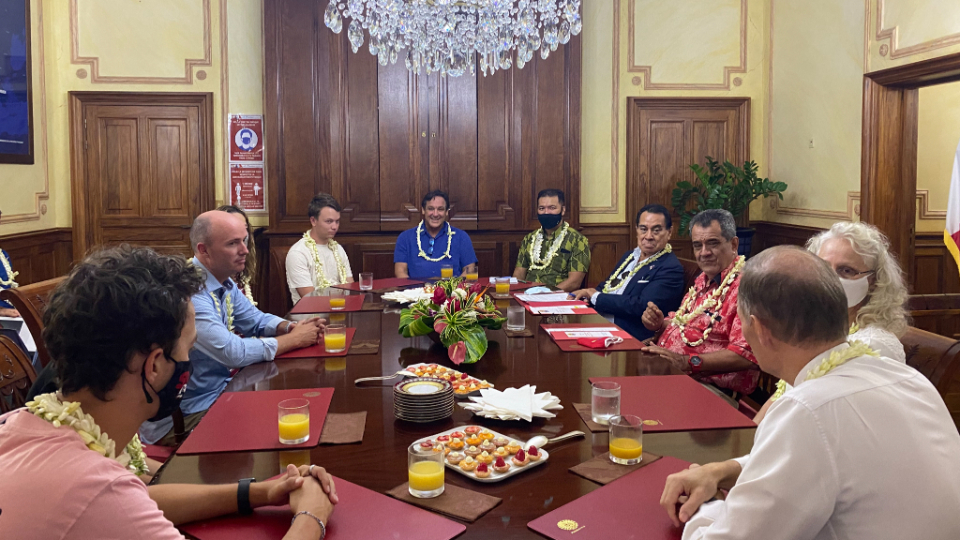 Governor-Spencer-Cox-of-Utah-(center-left)-and-his-family-members-meet-with-President-Edouard-Fritch-and-members-of-his-team-in-his-office-in-Pape'ete.-Also-attending-was-Chris-Kosely-US-Consul-(center-rear).-French-Polynesia,-August-2021.-