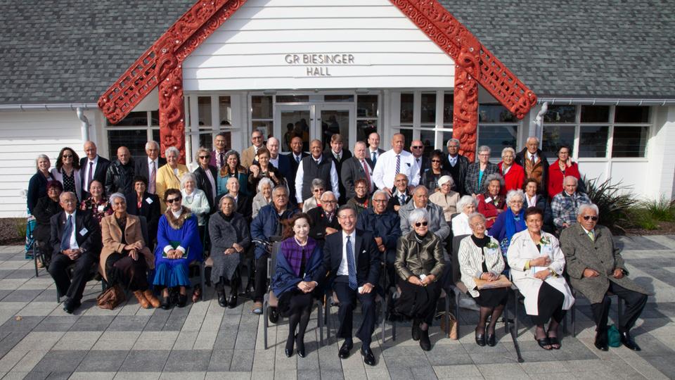 Labour-Missionaries-are-joined-by-Elder-and-Sister-Yamashita-at-the-George-R.-Biesinger-Hall-near-the-Hamilton-Temple-in-celebration-of-a-new-exhibit-opening-at-the-Matthew-Cowley-Pacific-Church-History-Centre-in-Temple-View.-New-Zealand,-May-2021.-