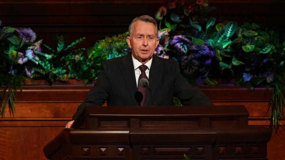 Elder Larry S. Kacher, General Authority Seventy, speaks during the Saturday morning session of the 192nd Annual General Conference on April 2, 2022 (MDT)