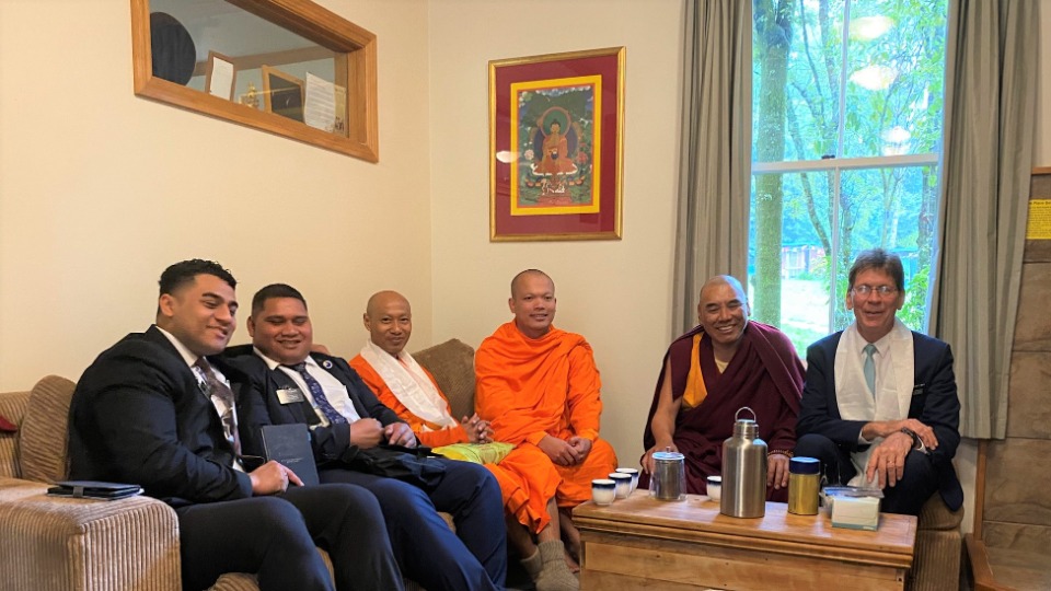 Buddhists and Latter-day Saints enjoy conversation and a meal at an interfaith event hosted at the Buddhist temple in Nelson, New Zealand in October 2022.