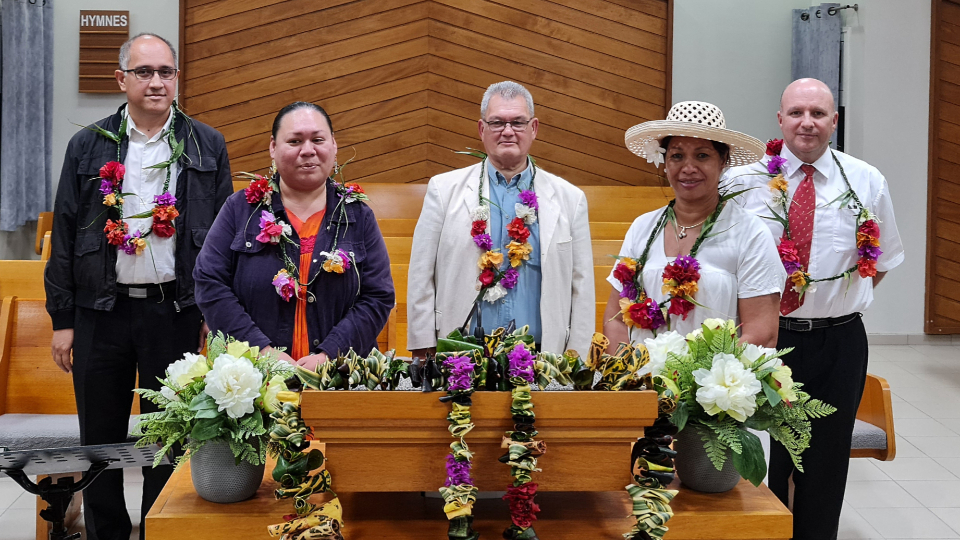 Leaders-from-churches-in-New-Caledonia-joined-for-broadcast-encouraging-love-and-support-during-recent-outbreak-of-COVID-19-there.-(left-to-right)-Pastor-Jean-Marc-Perry,-Seventh-day-Adventist-church;-Pastor-Dylaila-Tetumu,-Community-of-Christ,-Pastor-Eric-Mohori,-Seventh-day-Adventist-Church;-Manuia-Tchong-Tai---Committee-for-French-Polynesia-and-President-Georgie-Guidi,-Church-of-Jesus-Christ-of-Latter-day-Saints.-September-2021