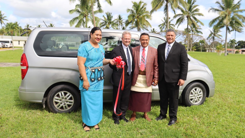 Pictured left to right: 'Ofeina Filimoehala, CEO of Tonga Health, Elder K. Brett Nattress, Pacific Area President, ‘Veivosa Taka, Tonga Health Board member, Elder Sione Tuione, Area Seventy, celebrate the handover of a van donated to Tonga Health Promotion Foundation from The Church of Jesus Christ of Latter-day Saints on Thursday, 27 October 2022.