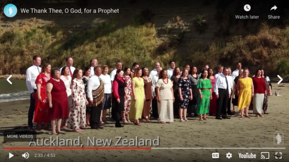 Special choir performs hymn for General Conference April 2020 on Auckland beach. New Zealand.