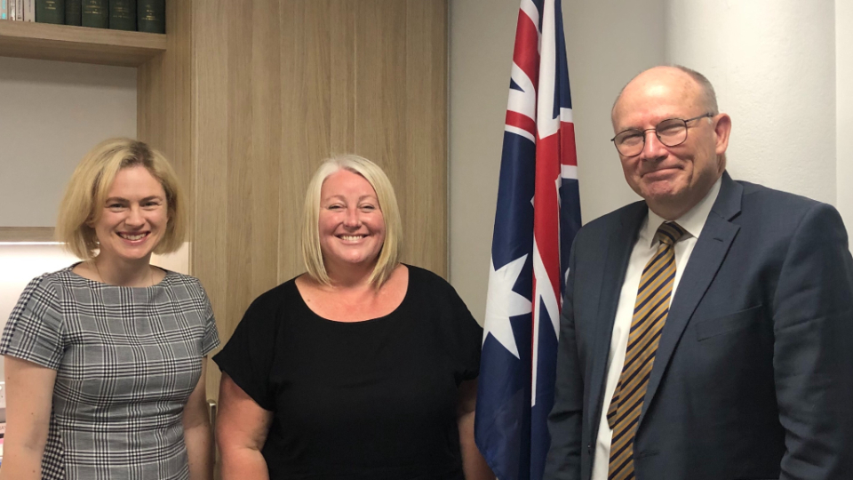 Senator the Hon. Amanda Stoker, Kristie Gibson, Queensland Communication Director, and Elder Carl Maurer, Religous Freedom, Queensland,