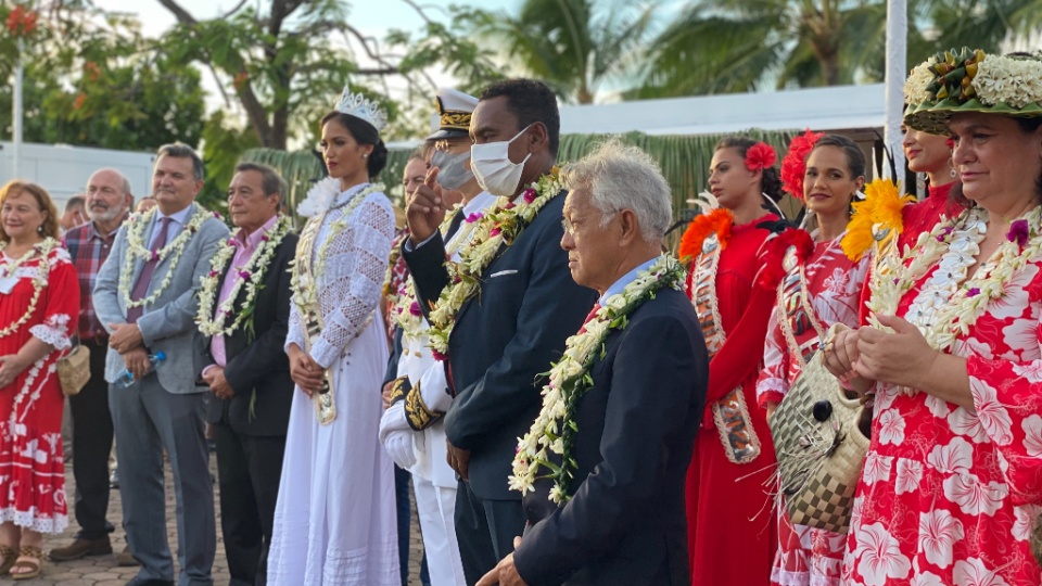 The-Autonomy-Day-ceremony-was-led-by-Vice-President-Tearii-Alpha-(second-man-from-the-right),-surrounded-by-members-of-the-government,-The-Mayor-of-the-Capital-City-Papeete,-the-representative-of-the-French-Republic-and-Miss-Tahiti-(in-white).-French-Polynesia,-June-2021