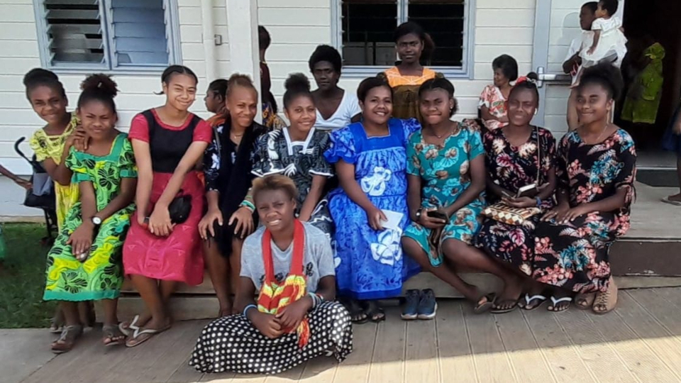 Church-leader-Brenda-Gila-Poita-with-young-women-of-Vanuatu-attend-the-devotional-with-Elder-Kazuhiko-Yamashita,-Sister-Tazuko-Yamashita-and-Elder-Paul-Whippy.-July-2022